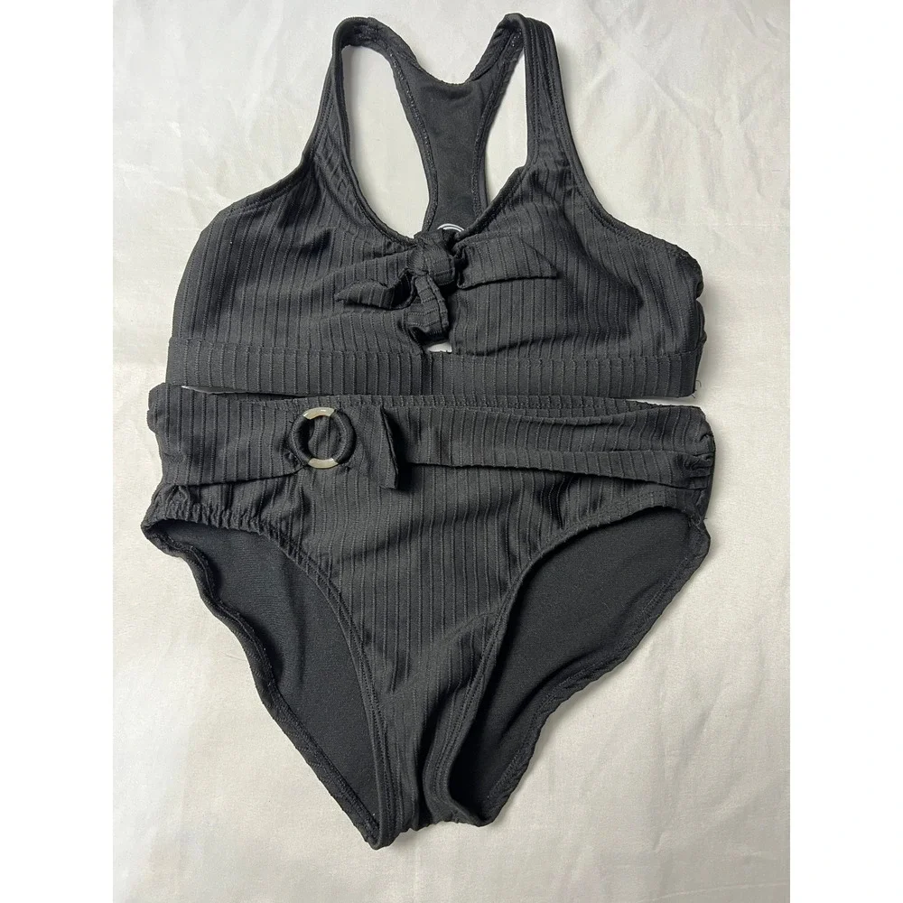 Wonder Nation Girls Black Ribbed High Waisted Belted Bikini Swimsuit Set L 10-12